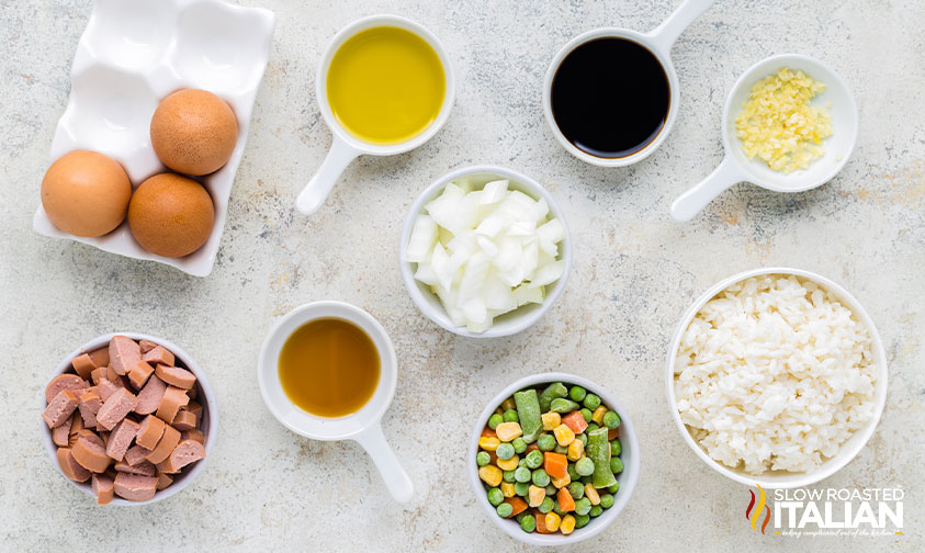 bowls of ingredients for hot dog fried rice