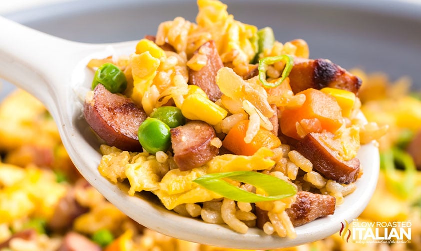 hot dog fried rice on serving spoon