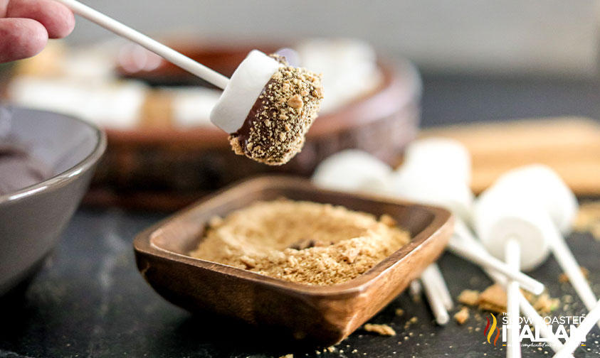 dipped smores on a stick in crushed graham crackers