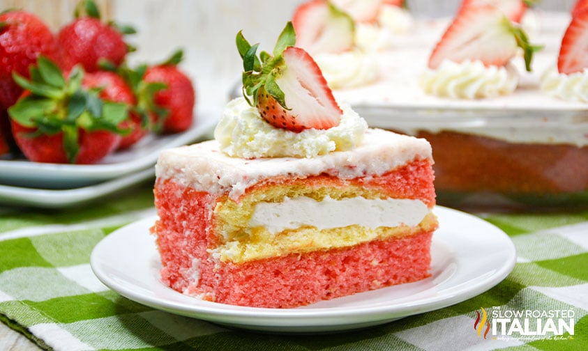 strawberry twinkie cake with strawberry on top