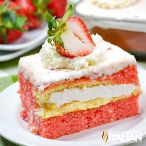 piece of strawberry twinkie cake on a white plate