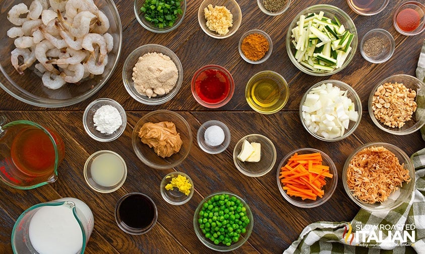 bowls of measured ingredients for copycat bang bang shrimp