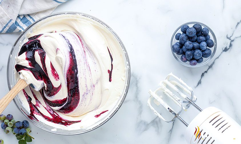 folding blueberry mixture into ice cream base