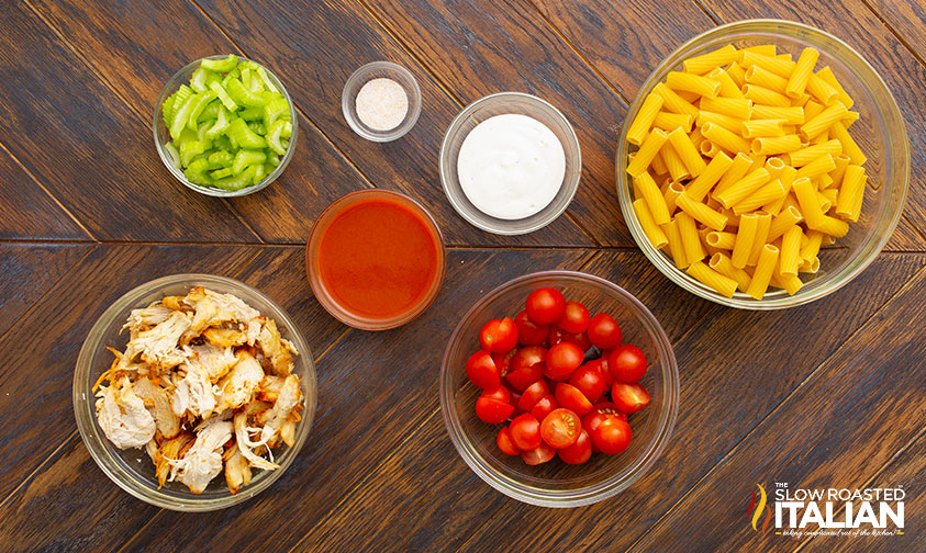 measured ingredients for buffalo chicken pasta salad