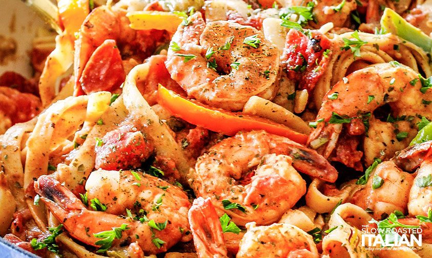 close up: Cajun shrimp with veggies and noodles
