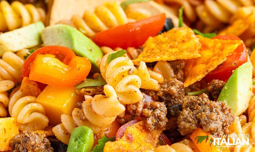 closeup: taco pasta salad with doritos
