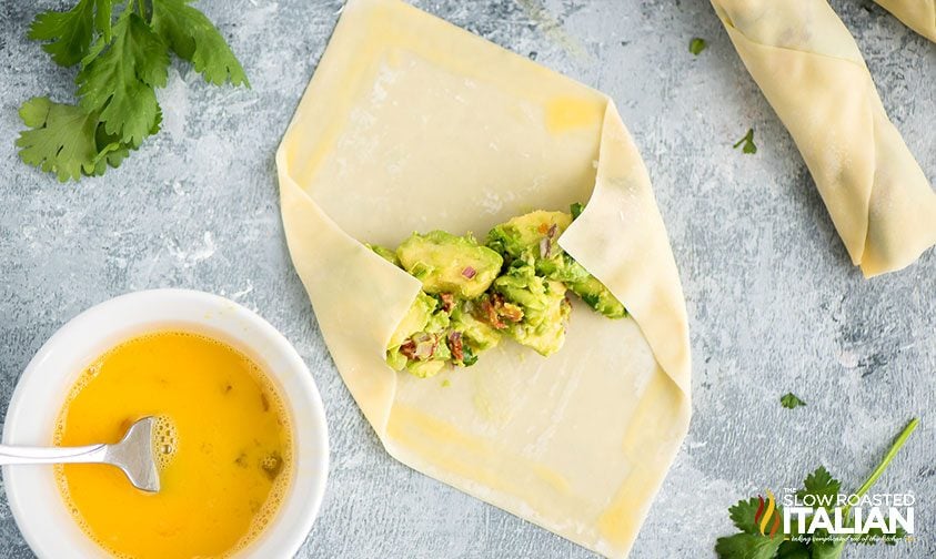 corners of wonton wrapper folded over avocado filling