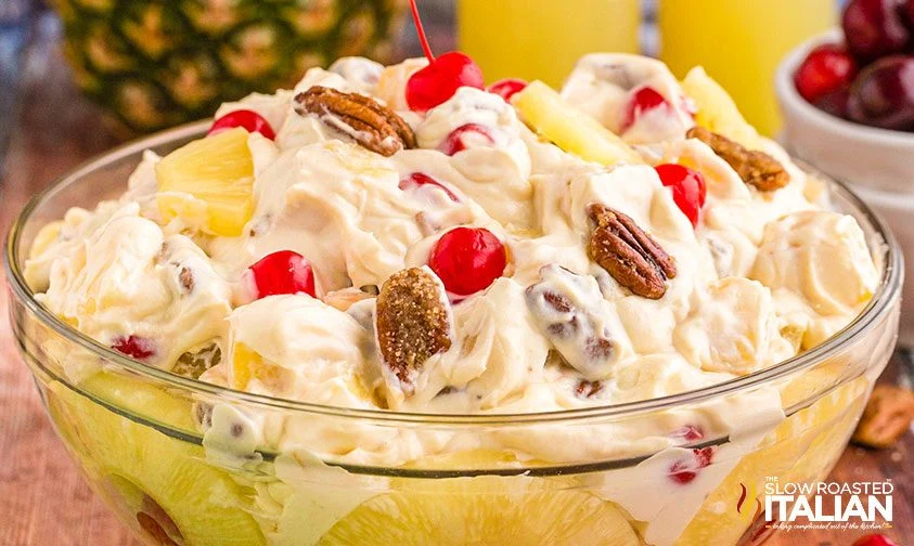 cheesecake salad with pineapple, cherries, and nuts