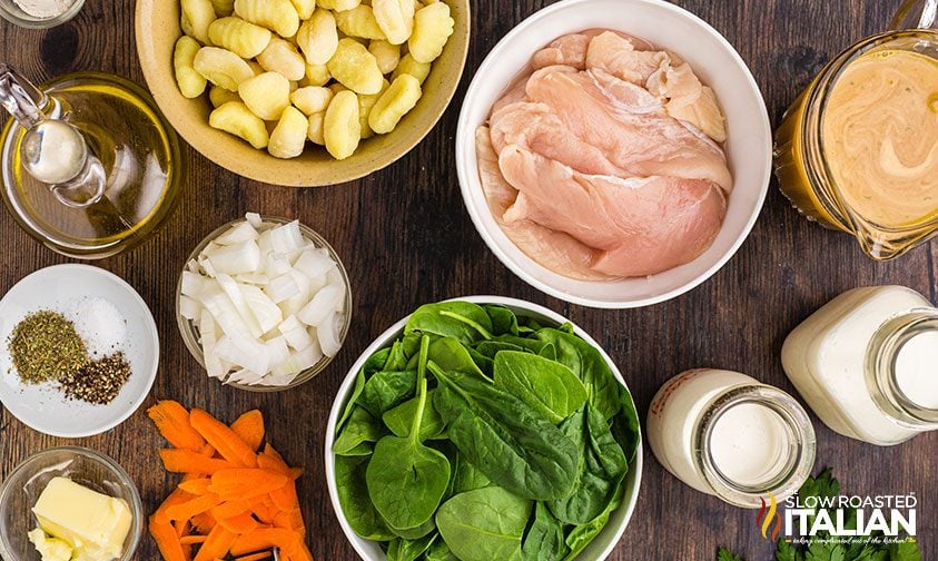 prepped ingredients to make chicken and gnocci soup