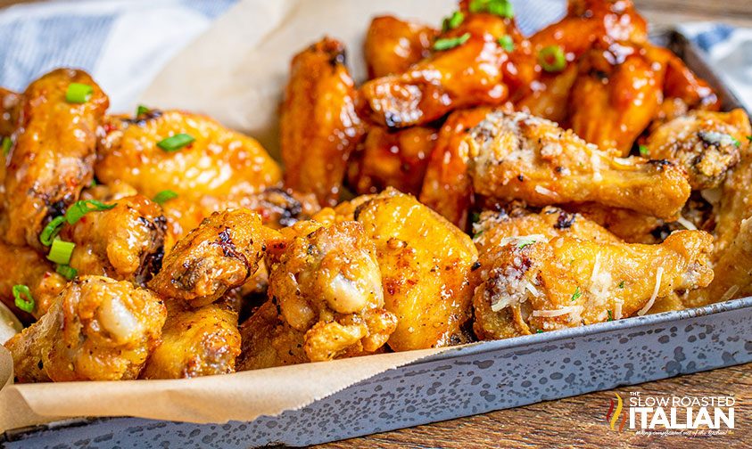 tray of air fryer chicken wings in 4 flavors