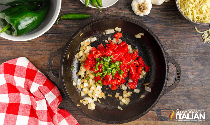tomatoes, onions, and jalapenos in cast iron skillet
