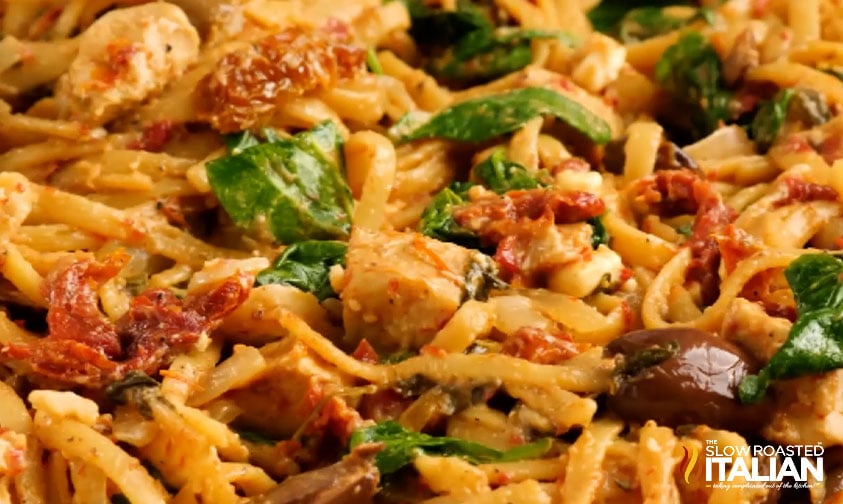 closeup: chicken linguine with spinach, olives, and sundried tomatoes