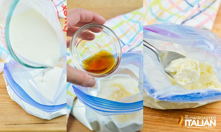 3 photo collage showing how to make ice cream in a bag