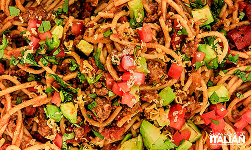 close up: spaghetti with taco meat and veggies