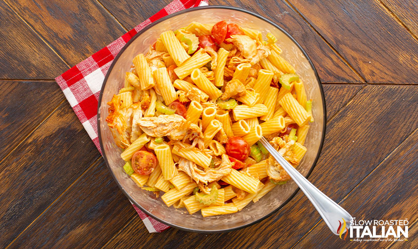 bowl of rigatoni pasta salad with chicken and veggies