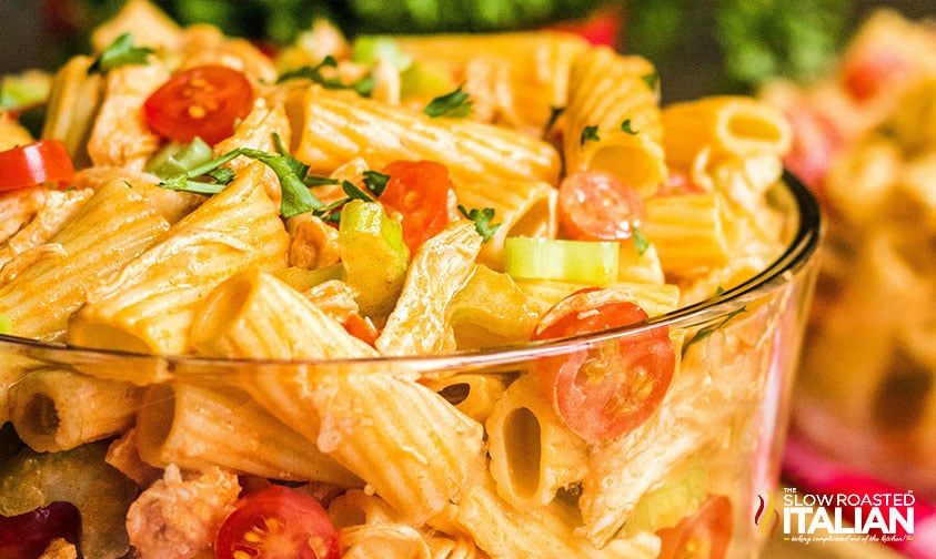 rigatoni pasta salad with chicken and buffalo ranch dressing