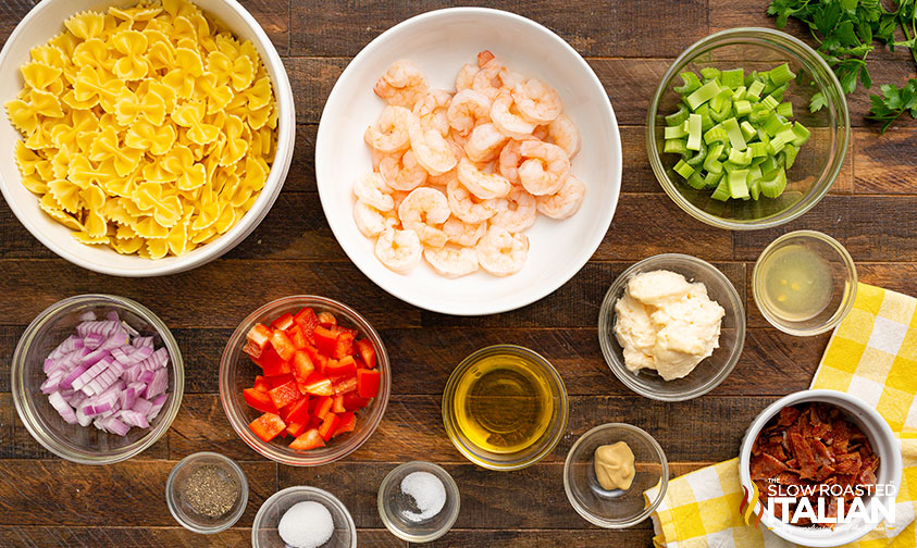 measured ingredients for shrimp and bacon pasta salad