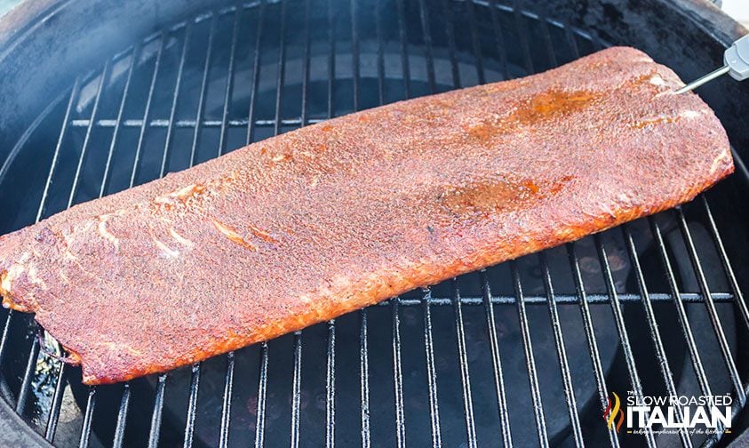 thermometer inserted into salmon on grill