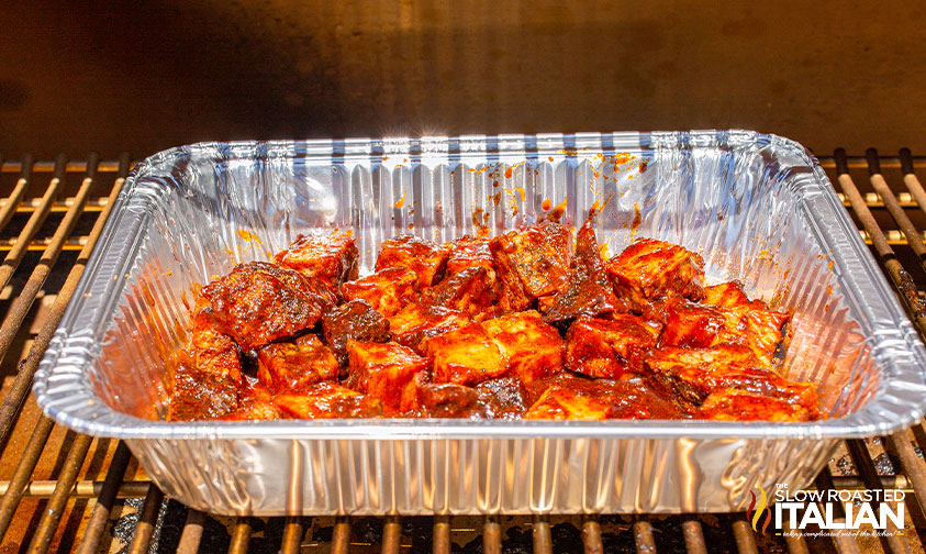 smoking burnt ends in aluminum pan