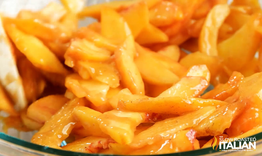 sliced peaches tossed in sugar, spices, and cornstarch