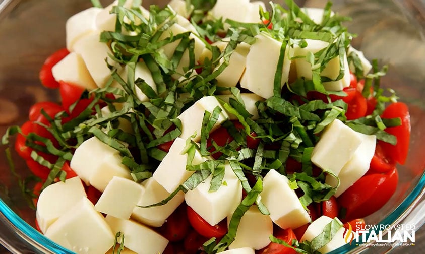 chopped tomatoes and mozzarella with basil in bowl