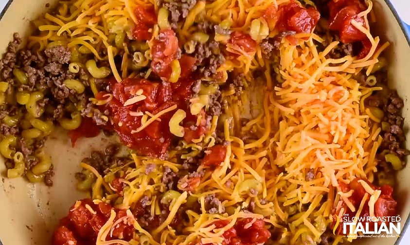 overhead: mixing one pot cheeseburger macaroni recipe