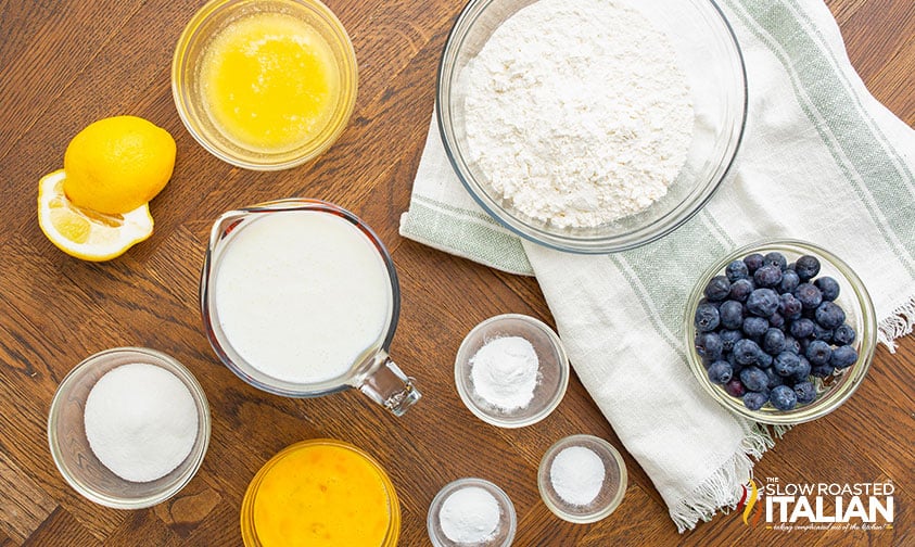 ingredients for fluffy blueberry pancakes