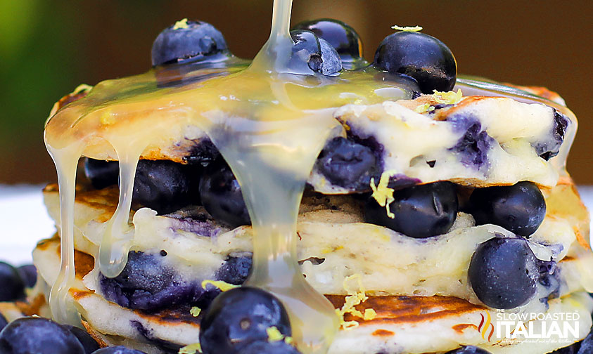 closeup of stacked fluffy blueberry pancakes