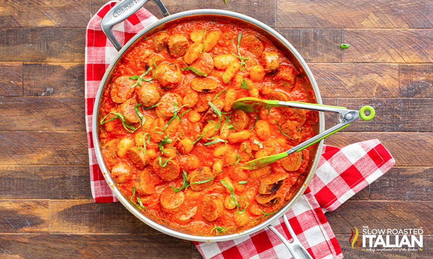 gnocchi and chicken cooked in a skillet