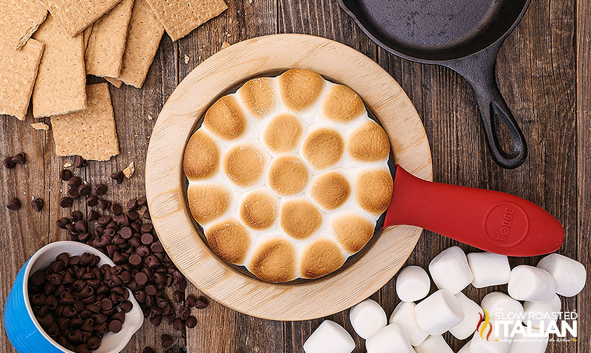 smores dip in cast iron pan