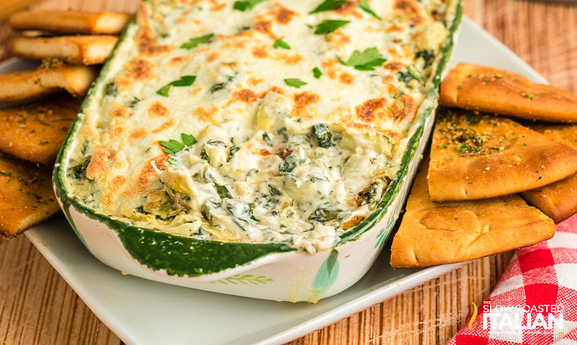 pan of baked olive garden spinach artichoke dip