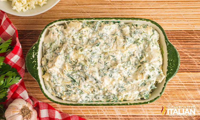 spinach artichoke dip in baking dish