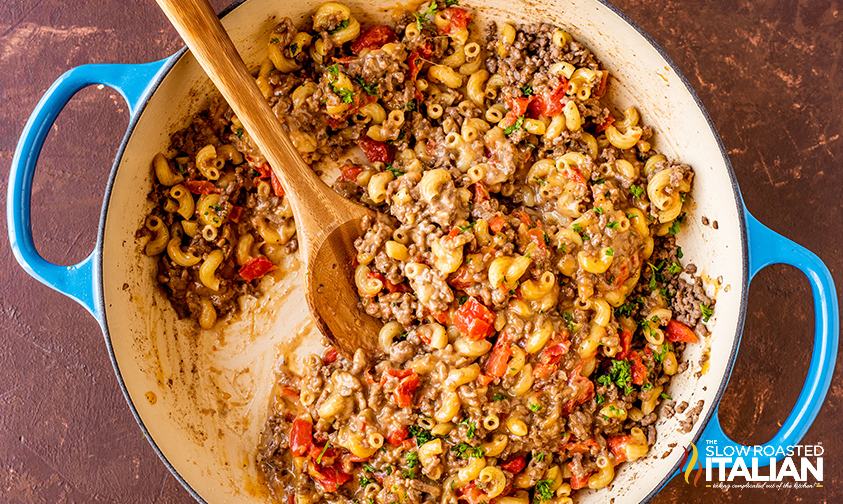 overhead: cooked one pot hamburger helper