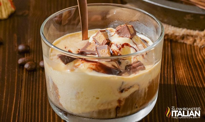 dish of affogato with peanut butter cup pieces