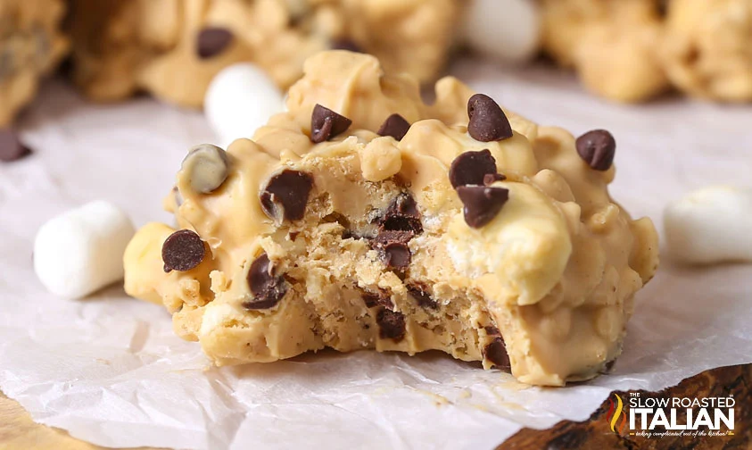 close up: almond bark cookie missing a bite