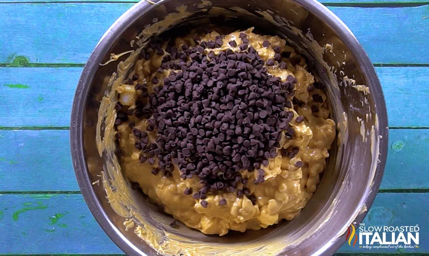 bowl of avalanche cookie dough with mini chocolate chips