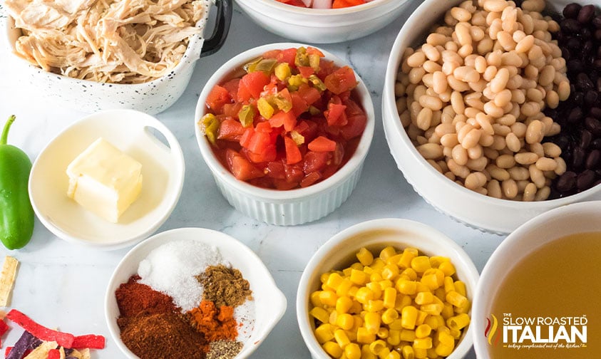 bowls of ingredients for chicken tortilla soup