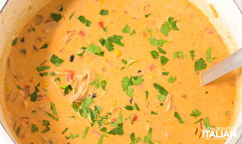 pot of creamy tortilla soup with cilantro