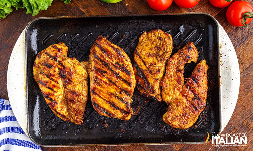 cooked chicken breasts on indoor grill