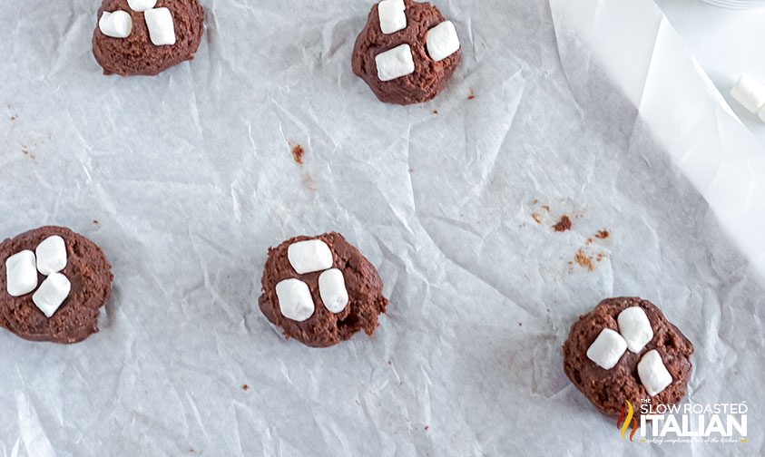 mini marshmallows pressed into chocolate cookie dough balls