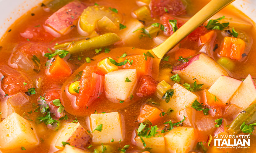 close up: gold spoon in bowl of veggie soup