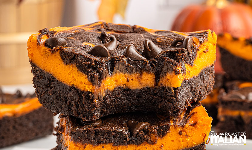closeup: Halloween cheesecake brownie missing a bite