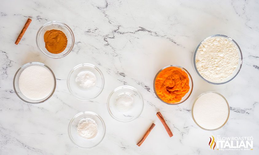 bowls of ingredients for pumpkin snickerdoodles