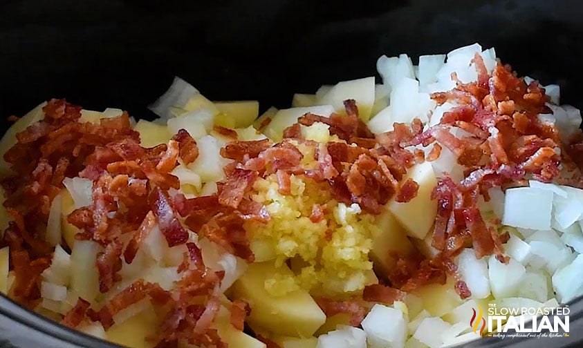 potatoes, onion, bacon, and garlic in slow cooker