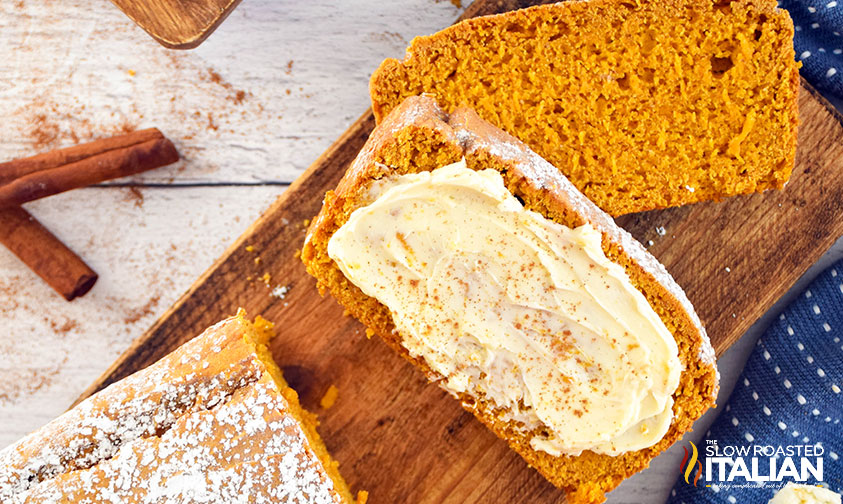 sliced 2 ingredient pumpkin bread with butter