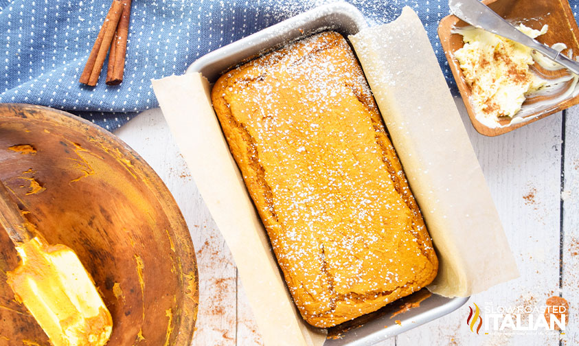 baked 2 ingredient pumpkin bread in a loaf pan