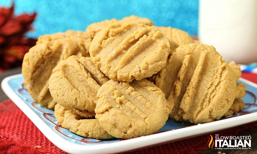pb cookies on a blue tray