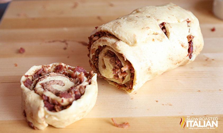 slicing bacon cinnamon rolls