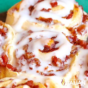 lazy day bacon cinnamon rolls closeup