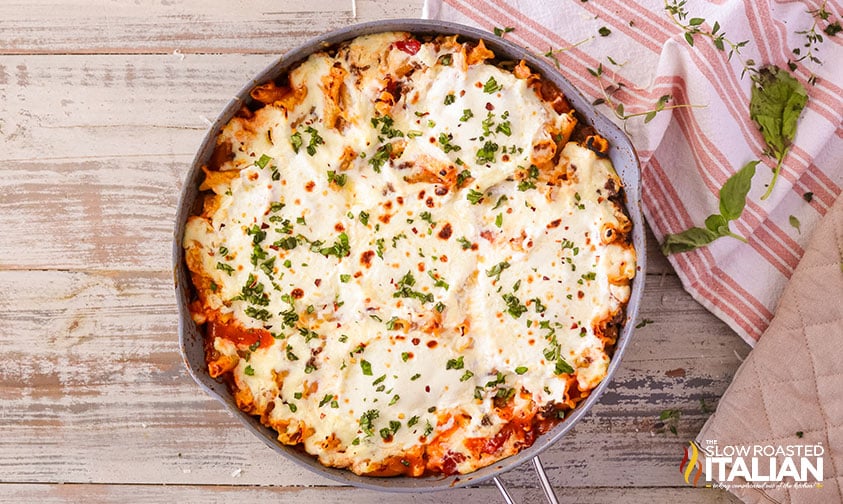 cheesy lasagna in a skillet